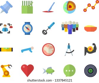 Color flat icon set level meter flat vector, whisk, porridge, fish, fabric manufacture, robotics, dividers, team, scatter chart, heart, embryo, scalpel, recruitment, pushpin, muscles, push up, chat