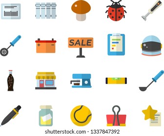 Color flat icon set level meter flat vector, heating batteries, ladle, kitchen spoon, blender, coffee machine, mushroom, lemonade, ladybird, grain warehouse, accumulator, graphic report, sell out