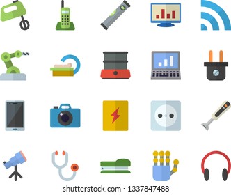 Color flat icon set level meter flat vector, switch box, mixer, double boiler, blender, socket, plug, stethoscope, tomograph, computer chart, telephone, stapler, robot hand, industrial, telescope