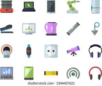 Color flat icon set level meter flat vector, construction plummet, electric kettle, double boiler, fridge, socket, tomograph, computer chart, laptop, stapler, industrial robot, telescope, broadcast