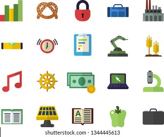 Color flat icon set level meter flat vector, bagel, bell pepper, ear, solar battery, plant, robotics, graphic report, chart, cash, microscope, laptop, sport bag, steering wheel, lock, alarm clock