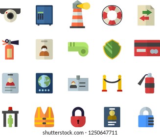 Color flat icon set lighthouse flat vector, credit card, badge, whistle, indentity fector, VIP area, control gate, passport, surveillance camera, security, safe, life vest, lifebuoy, file sharing