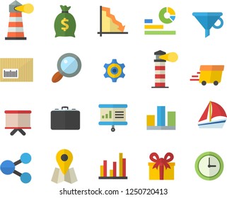 Color flat icon set lighthouse flat vector, funnel, case, magnifier, location, cogwheel, crisis, molecules, wealth, statistics, flipchart, present, express delivery, barcode, sailboat, statistic