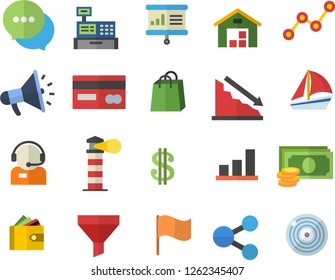 Color flat icon set lighthouse flat vector, funnel, crisis, cash, credit card, molecules, dollar, purse, telephone operator, scatter chart, flag, bags, mouthpiece, chat, sailboat, machine, warehouse