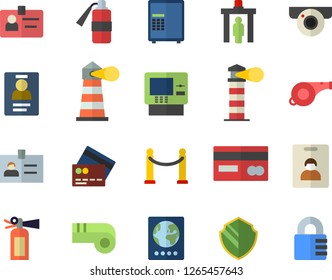 Color flat icon set lighthouse flat vector, credit card, badge, whistle, indentity fector, VIP area, control gate, passport, cash dispenser, surveillance camera, security, safe, fire extinguisher