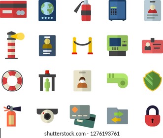Color flat icon set lighthouse flat vector, credit card, badge, whistle, indentity fector, VIP area, control gate, passport, cash dispenser, surveillance camera, security, safe, lifebuoy, lock