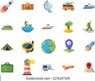 Color flat icon set lighthouse flat vector, location, rocket, earth, globe, sport bag, aircraft fector, trailer, hike, suitcase, tent, island, surfing, swimming mask, transfer, water scooter, yacht