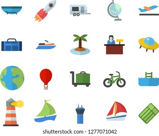 Color flat icon set lighthouse flat vector, rocket, earth, sailboat, globe, ufo, bicycle, sport bag, trailer fector, airport tower, balloon, departure, sea beach, island, pool, luggage trolley