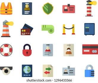 Color flat icon set lighthouse flat vector, credit card, badge, whistle, indentity fector, VIP area, passport, surveillance camera, security, safe, life vest, lifebuoy, file sharing, lock