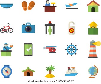 Color flat icon set lighthouse flat vector, helicopter, bicycle fector, control gate, passport, check in, tent, departure, hand luggage, sea beach, island, reception desk, cruise ship, compass