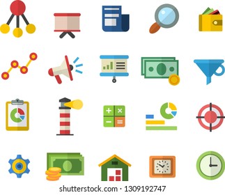 Color flat icon set lighthouse flat vector, hierarchy, funnel, magnifier, cogwheel, graphic report, cash, purse, statistics, scatter chart, flipchart, news, mouthpiece, clock, calculator, warehouse