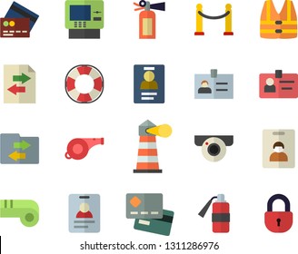 Color flat icon set lighthouse flat vector, credit card, badge, whistle, indentity fector, VIP area, cash dispenser, surveillance camera, life vest, lifebuoy, file sharing, fire extinguisher, lock