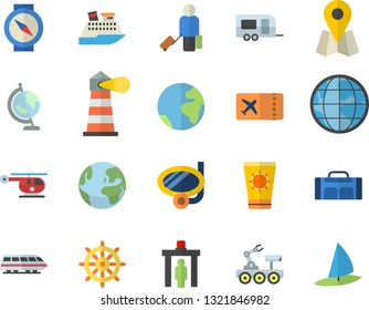 Color flat icon set lighthouse flat vector, location, earth, helicopter, globe, lunar rover, sport bag, fector, train, trailer, control gate, luggage, ticket, sun protection cream, swimming mask