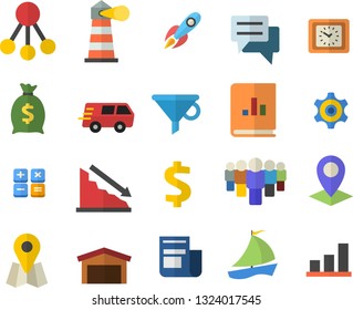 Color flat icon set lighthouse flat vector, warehouse, hierarchy, funnel, location, rocket, cogwheel, crisis, dollar, team, wealth, news, clock, book balance accounting, chat, trucking, calculator