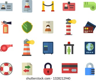 Color flat icon set lighthouse flat vector, credit card, badge, whistle, indentity fector, VIP area, control gate, passport, security, safe, lifebuoy, file sharing, fire extinguisher, lock