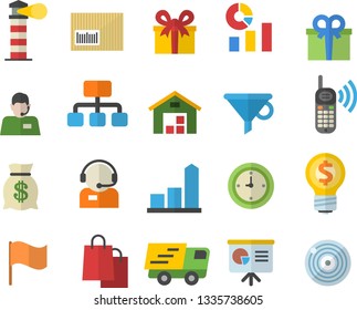 Color flat icon set lighthouse flat vector, hierarchy, funnel, chart, telephone operator, phone call, idea, wealth, statistics, flag, bags, present, trucking, barcode, warehouse, clock, target