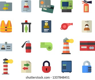 Color flat icon set lighthouse flat vector, credit card, badge, whistle, indentity fector, control gate, cash dispenser, safe, life vest, file sharing, fire extinguisher, lock