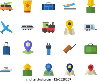 Color flat icon set location flat vector, sport bag, aircraft fector, train, trailer, airport tower, luggage, suitcase, departure, get, hand, sun protection cream, transfer, yacht