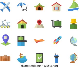Color flat icon set location flat vector, rocket, sailboat, globe, lunar rover, sport bag, aircraft fector, airport tower, baggage claim, check in, tent, get luggage, chaise lounge, surfing, trolley