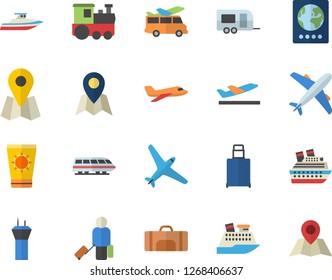 Color flat icon set location flat vector, sport bag, aircraft fector, train, trailer, airport tower, luggage, passport, departure, sun protection cream, transfer, cruise ship, yacht