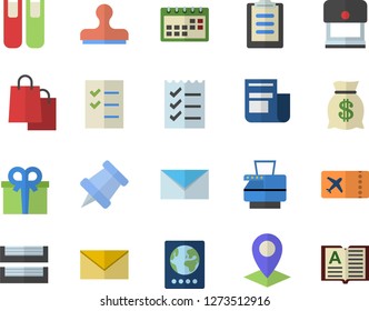 Color flat icon set location flat vector, wealth, bags, news, present, clipboard, calendar, to do list, paper tray, copy machine, book, mail, pushpin, passport fector, ticket, stamp, envelope