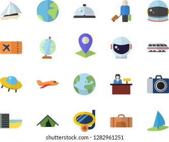 Color flat icon set location flat vector, globe, ufo, astronaut helmet fector, sport bag, earth, aircraft, train, sailboat, luggage, ticket, tent, hotel first line, swimming mask, camera, jingle