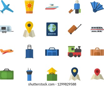 Color flat icon set location flat vector, sport bag, aircraft fector, train, trailer, airport tower, luggage, suitcase, passport, hand, sun protection cream, flippers, yacht