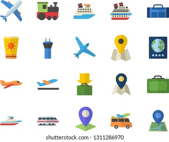 Color flat icon set location flat vector, sport bag, aircraft fector, train, airport tower, suitcase, passport, departure, get luggage, sun protection cream, transfer, cruise ship, yacht