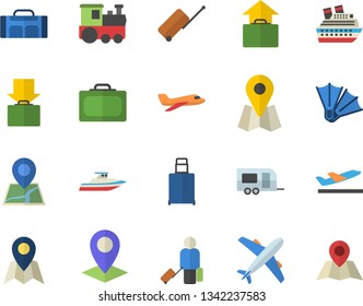 Color flat icon set location flat vector, sport bag, aircraft fector, train, trailer, luggage, suitcase, departure, get, hand, flippers, cruise ship, yacht