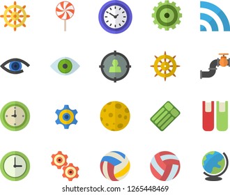 Color flat icon set lollipop flat vector, main pipeline, target audience, cogwheel, clock, eye, book, moon, volleyball, steering wheel fector, inflatable mattress, broadcast, globe