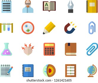 Color flat icon set magnet flat vector, notebook, clip, abacus, ink pen, pencil, flask, notepad, textbook, brainstorm, scientist, beakers, calculator, Petri dish, core of the earth fector, book