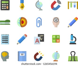 Color flat icon set magnet flat vector, calculator, ink pen, pencil, stapler, microscope, notepad, globe, notebook, beakers, brain fector, core of the earth, translate, clip, binder