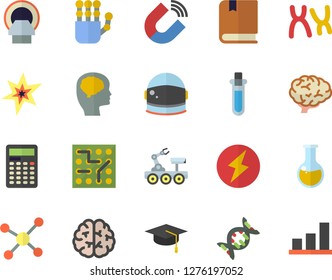 Color flat icon set magnet flat vector, medical analysis, tomograph, chromosomes, molecule, robot hand, spark, bachelor cap, textbook, lightning, beakers, calculator, lunar rover, electronic circuit