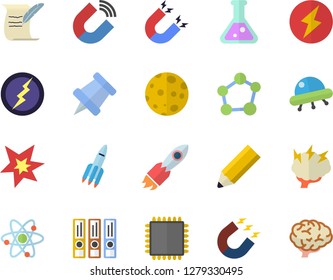 Color flat icon set magnet flat vector, rocket, flask, molecule, atom, pencil, moon, spark, hostory roll, cpu, lightning, brainstorm, pushpin, ufo, folders for papers, brain