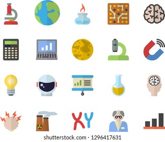 Color flat icon set magnet flat vector, earth, microscope, medical analysis, chromosomes, moon, bulb, gas burner, computer, nuclear power plant, brainstorm, scientist, presentaition board, brain