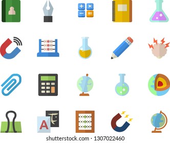 Color flat icon set magnet flat vector, calculator, medical analysis, clip, abacus, ink pen, pencil, flask, globe, brainstorm, notebook, core of the earth fector, translate, binder