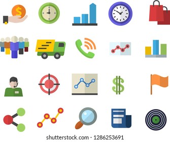 Color flat icon set magnifier flat vector, chart, molecules, dollar, investments, team, telephone operator, phone call, scatter, flag, bags, news, clock, trucking, statistic, point diagram, target