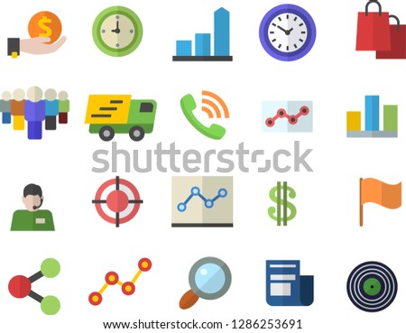 Color flat icon set magnifier flat vector, chart, molecules, dollar, investments, team, telephone operator, phone call, scatter, flag, bags, news, clock, trucking, statistic, point diagram, target