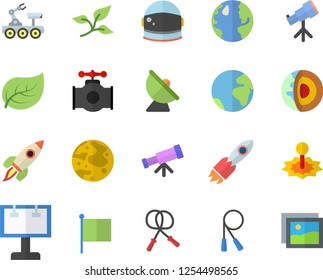 Color flat icon set main pipeline flat vector, tree leaf, earth, satellite antenna, laser, billboard, rocket, flag, moon, lunar rover, telescope, core of the fector, astronaut helmet, skipping rope