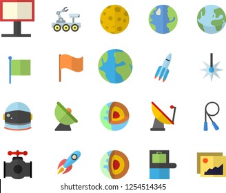 Color flat icon set main pipeline flat vector, earth, satellite antenna, laser, billboard, rocket, flag, moon, lunar rover, core of the fector, astronaut helmet, skipping rope, baggage claim