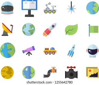Color flat icon set main pipeline flat vector, tree leaf, earth, satellite antenna, laser, billboard, rocket, flag, moon, lunar rover, telescope, astronaut helmet fector, gallery