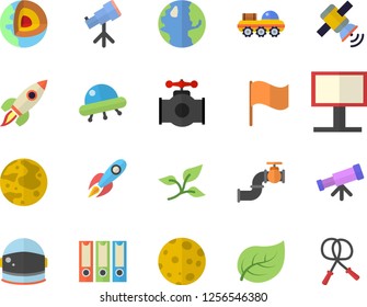 Color flat icon set main pipeline flat vector, tree leaf, earth, billboard, rocket, flag, moon, satellit, lunar rover, ufo, telescope, folders for papers, core of the fector, astronaut helmet