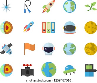 Color flat icon set main pipeline flat vector, tree leaf, earth, laser, rocket, flag, moon, satellit, ufo, folders for papers, core of the fector, astronaut helmet, skipping rope, baggage claim