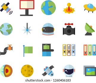 Color flat icon set main pipeline flat vector, satellite antenna, laser, billboard, earth, flag, moon, satellit, ufo, folders for papers, core of the fector, astronaut helmet, baggage claim, gallery