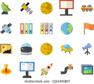 Color flat icon set main pipeline flat vector, satellite antenna, laser, billboard, flag, rocket, moon, satellit, lunar rover, ufo, telescope, folders for papers, astronaut helmet fector, earth