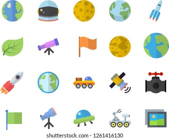 Color flat icon set main pipeline flat vector, tree leaf, earth, rocket, flag, moon, satellit, lunar rover, ufo, telescope, astronaut helmet fector, gallery