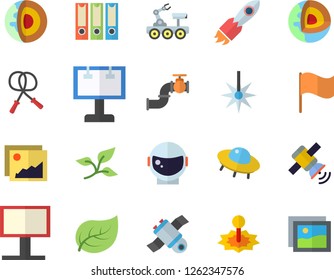 Color flat icon set main pipeline flat vector, tree leaf, laser, billboard, rocket, flag, satellit, lunar rover, ufo, folders for papers, core of the earth fector, astronaut helmet, skipping rope