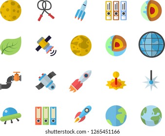 Color flat icon set main pipeline flat vector, tree leaf, laser, rocket, earth, moon, satellit, ufo, folders for papers, core of the fector, skipping rope