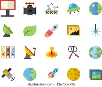 Color flat icon set main pipeline flat vector, tree leaf, earth, satellite antenna, laser, billboard, rocket, moon, satellit, lunar rover, ufo, folders for papers, skipping rope, fector, gallery