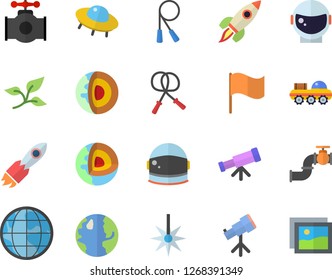 Color flat icon set main pipeline flat vector, tree leaf, earth, laser, rocket, flag, lunar rover, ufo, telescope, core of the fector, astronaut helmet, skipping rope, gallery